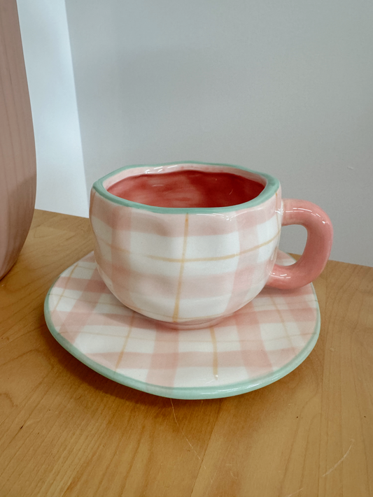 Pink Check Mug + Saucer